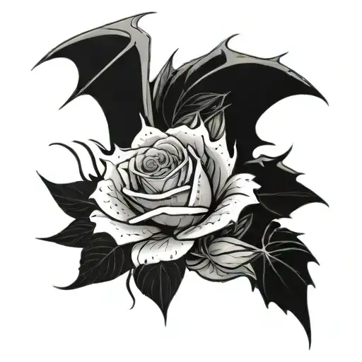 An anime character holding a rose with dragon scales in black-grey style tattoo design idea