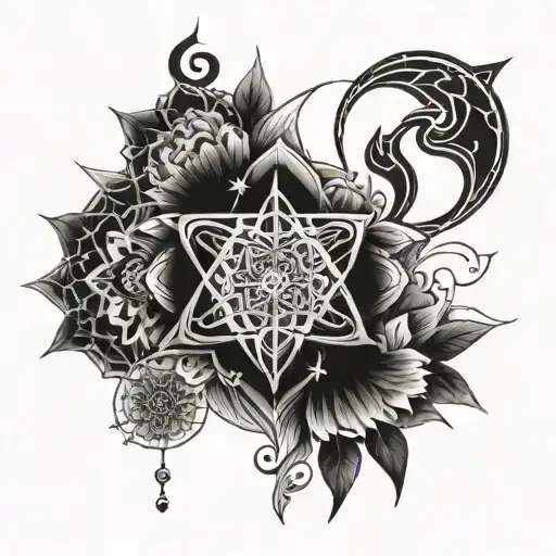 An intricate unalome design intertwined with various symbols representing different stages of self-love and healing tattoo design idea