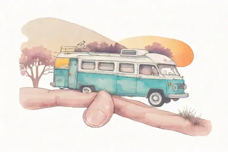 scene on inside bicep. Sun Rise on left, middle has retro camper and oak tree. Sun set on right.  tattoo design idea