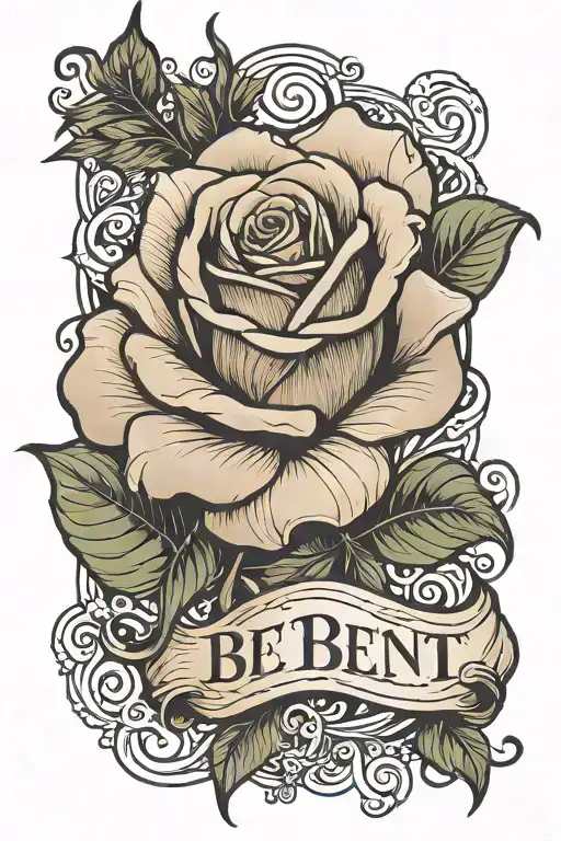 curved rose with the word BENT  tattoo design idea