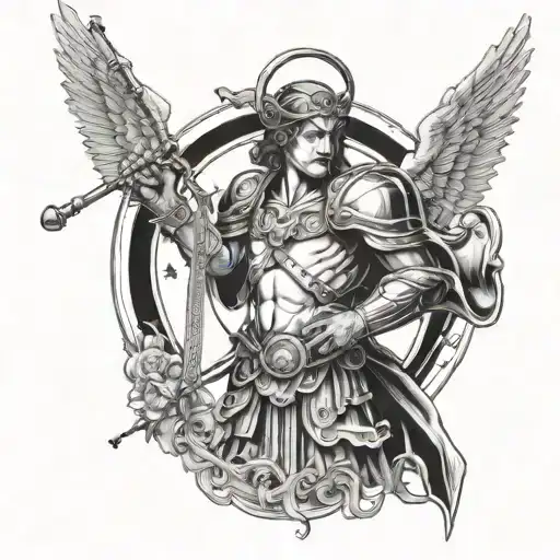 arch angel gabriel holding a spear and trumpet tattoo design idea