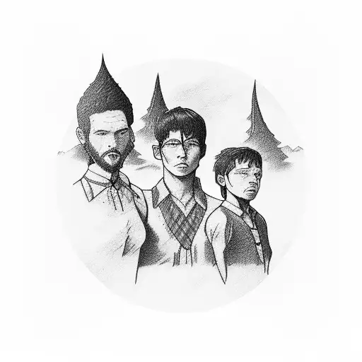 A blackwork tattoo of three sons in the valley of meadows tattoo design idea