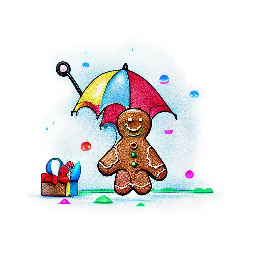gingerbread man holding umbrella in the rain tattoo design idea