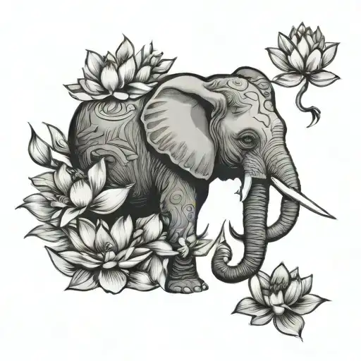 elephant and lotus flower blooming tattoo design idea