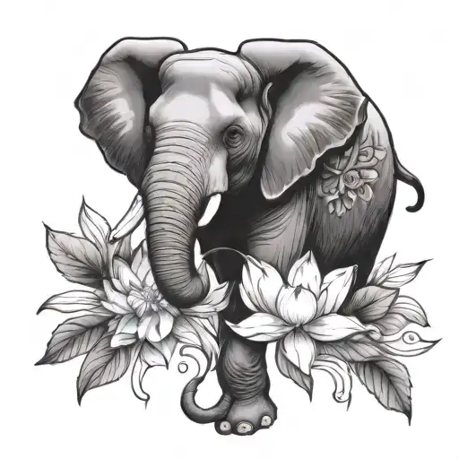 elephant and lotus flower surrounded tattoo design idea
