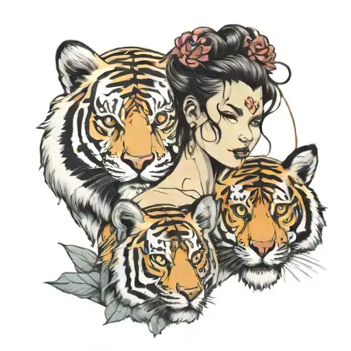 Woman and tiger head tattoo design idea