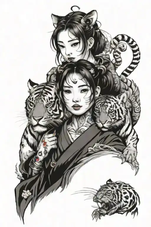 Girl and Tiger face tattoo design idea