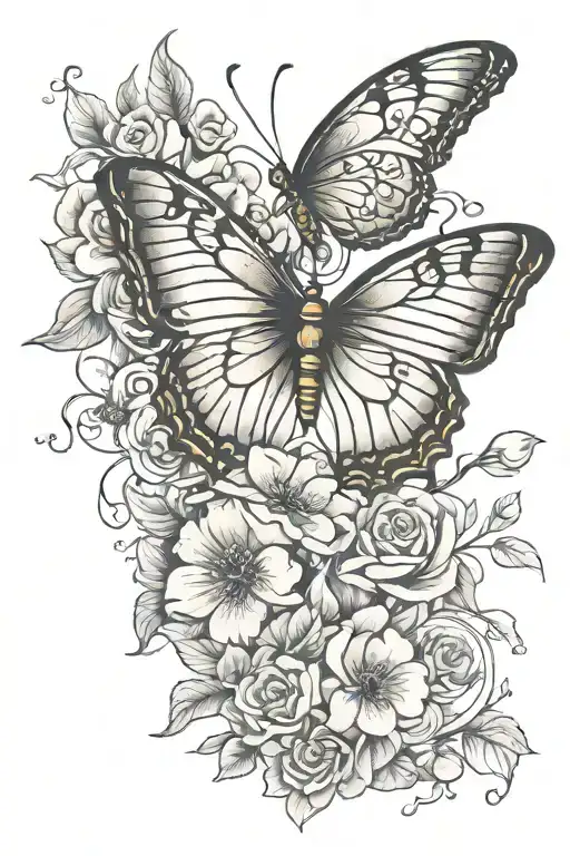 butterfly trail and flowers winding tattoo design idea