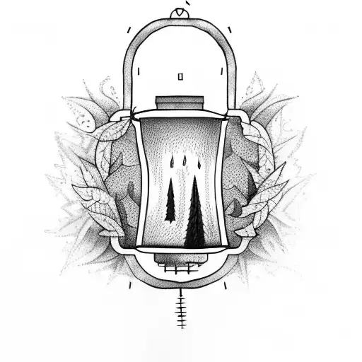 hand holding lantern in dense forest tattoo design idea