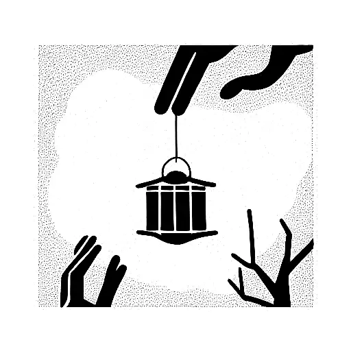 hand holding lantern in dense forest tattoo design idea