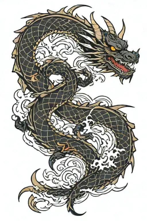 black dragon wrapped around karambit knife with clouds and lightning tattoo design idea