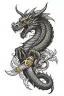 black dragon wrapped around karambit knife with clouds and lightning tattoo design idea