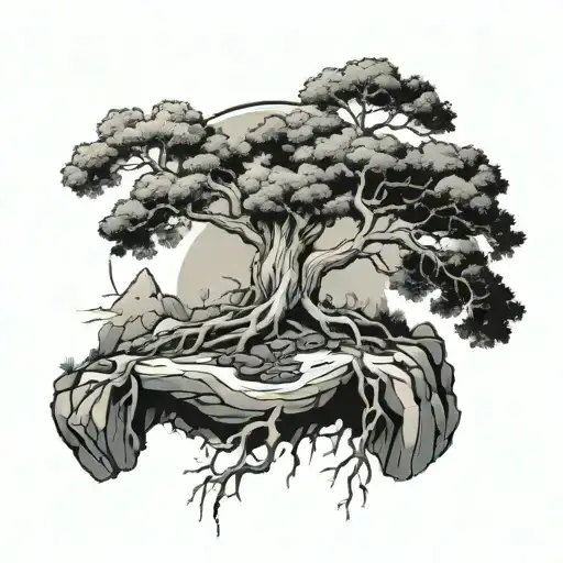tree growing from rock with roots reaching deep forarm tattoo design idea