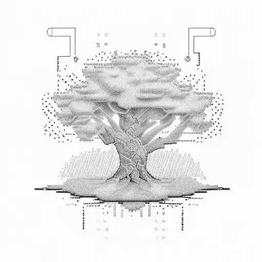 A pixelated computer chip transforming into a tree tattoo design idea