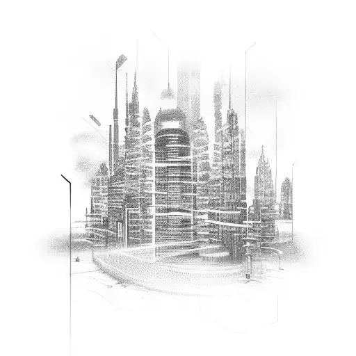 A futuristic cityscape with buildings made of lines of code tattoo design idea