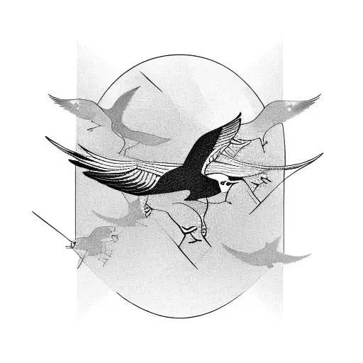 A circuit board morphing into a flock of birds in flight tattoo design idea