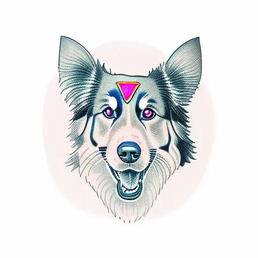 whole body of a cybernetic Australian Shepherd dog without tail spitting pink flames tattoo design idea