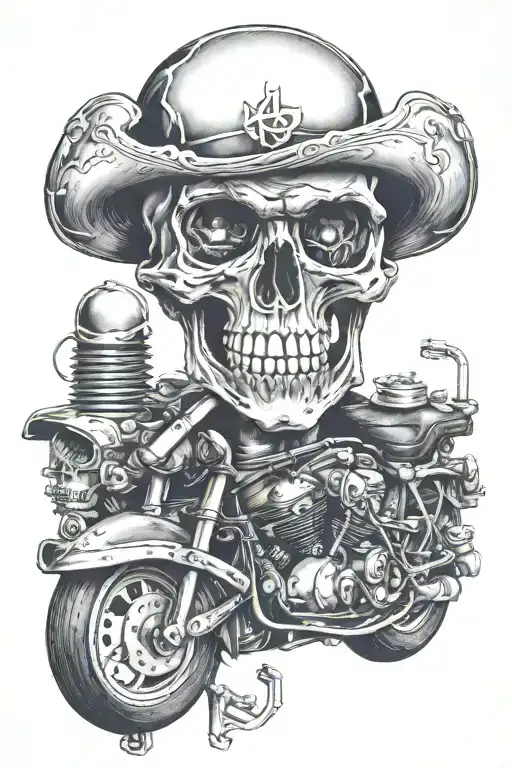 skull with motorcycle piston in mouth tattoo design idea