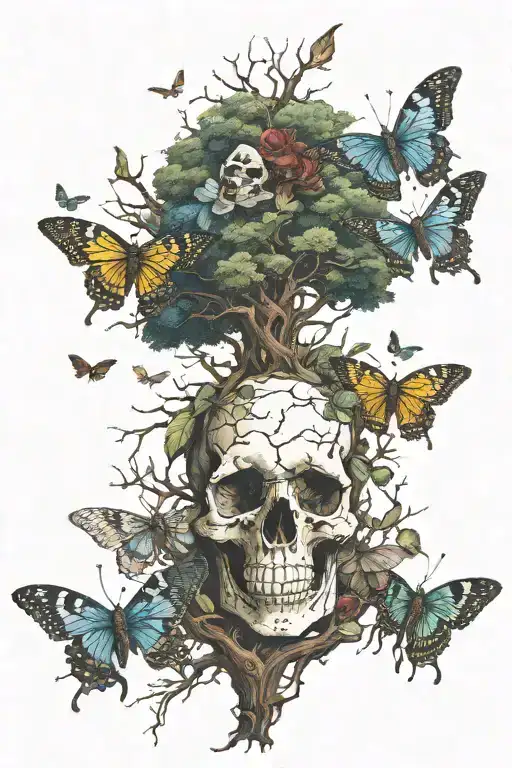saukura tree, skull, moths flying away tattoo design idea