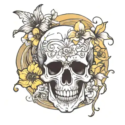 skull, swirling daffodil and cherry blossoms tattoo design idea