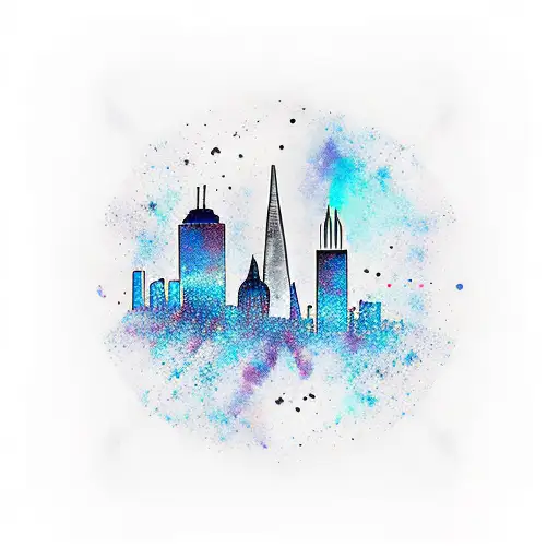 boston and london skylines reflecting each other across a galaxy tattoo design idea