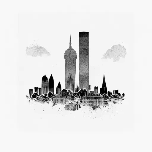 boston and london skylines reflecting each other across a galaxy tattoo design idea