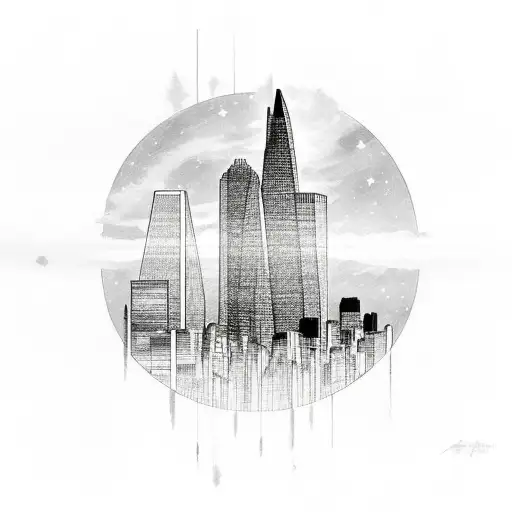 boston and london skylines reflecting each other across a galaxy tattoo design idea
