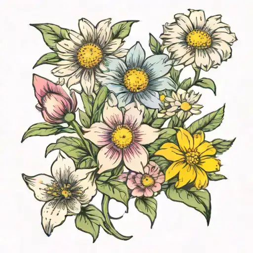 Daisy, sweat pea, 2 asters, cosmo, and 2 narcissus tattoo design idea