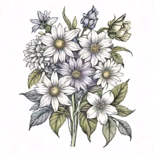 Daisy, sweat pea, 2 asters, cosmo, and 2 narcissus tattoo design idea