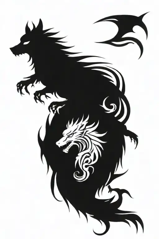 black and white tribal dragon and wolf head emerging tattoo design idea