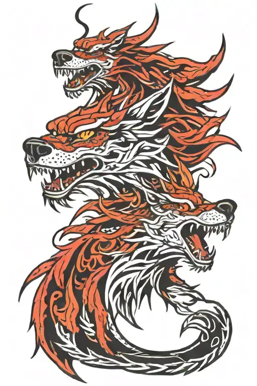tribal dragon and wolf head emerging tattoo design idea