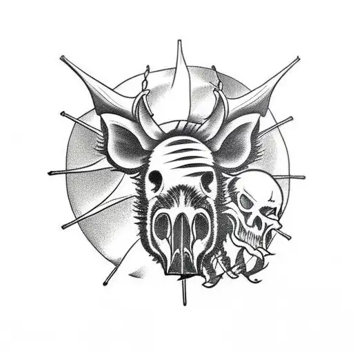 boar skull with wind turbine and hills tattoo design idea
