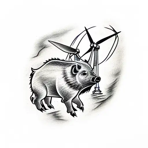 boar with wind turbine and hills tattoo design idea
