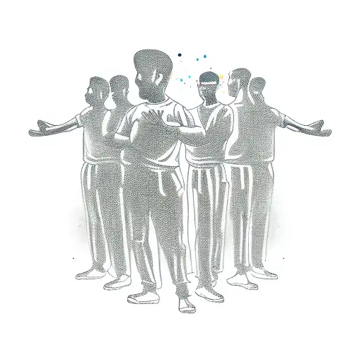 man standing with hands out, one hand motioning up, one hand motioning down. split vertically with dark and light tattoo design idea