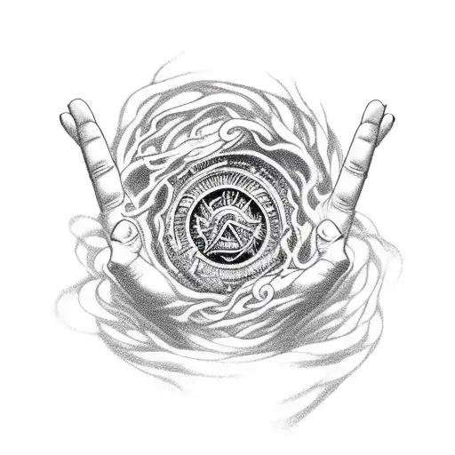 kairos fateweaver with hands out, one hand motioning up, one hand motioning down. split vertically with dark and light tattoo design idea