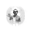 man standing with hands out, one hand motioning up, one hand motioning down. split vertically with dark and light tattoo design idea