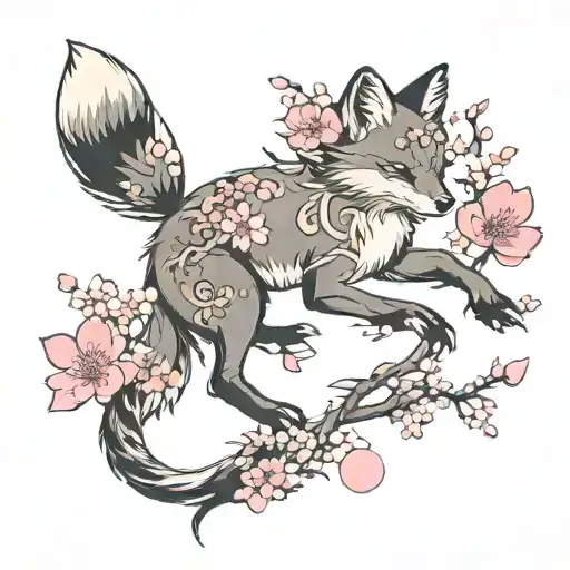 a mini fox with nine tails and an elegant thin sakura branch with pink flowers, on its sides two black inscriptions in hieroglyphs tattoo design idea