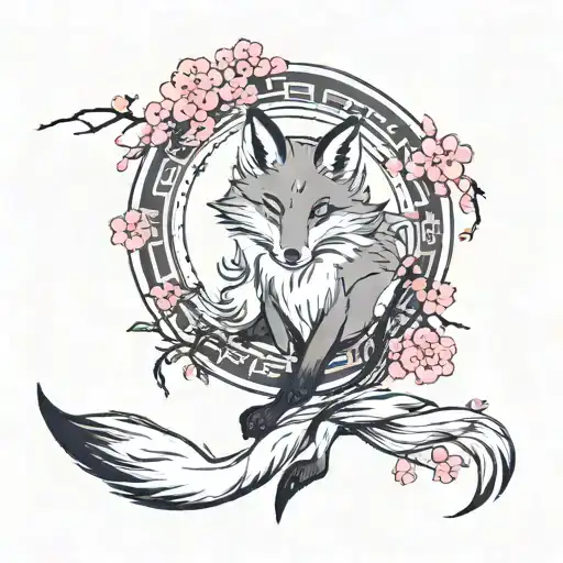 a fox with nine tails on an elegant thin sakura branch with pink flowers, on its sides there are two black inscriptions in hieroglyphs tattoo design idea