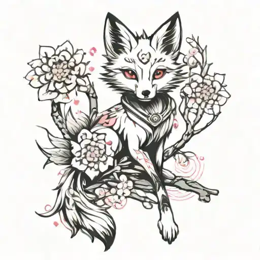 a mini fox with nine tails and an elegant thin sakura branch with pink flowers, on its sides two black inscriptions in hieroglyphs tattoo design idea
