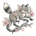 a mini fox with nine tails and an elegant thin sakura branch with pink flowers, on its sides two black inscriptions in hieroglyphs tattoo design idea