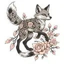 a mini fox with nine tails and an elegant thin sakura branch with pink flowers, on its sides two black inscriptions in hieroglyphs tattoo design idea