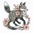 a mini fox with nine tails and an elegant thin sakura branch with pink flowers, on its sides two black inscriptions in hieroglyphs tattoo design idea
