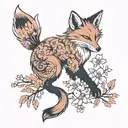 a mini fox with nine tails and an elegant thin sakura branch with pink flowers, on its sides two black inscriptions in hieroglyphs tattoo design idea