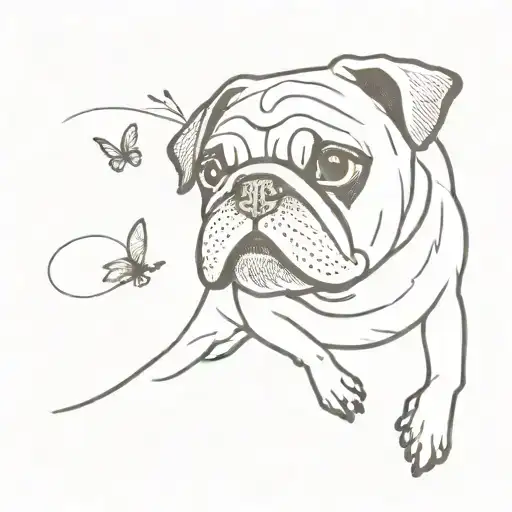 pug dog and butterfly flying tattoo design idea