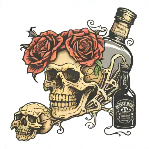 Tattoo of a skeleton hand holding jack Daniel’s with eh words “daddy’s little girl” tattoo design idea