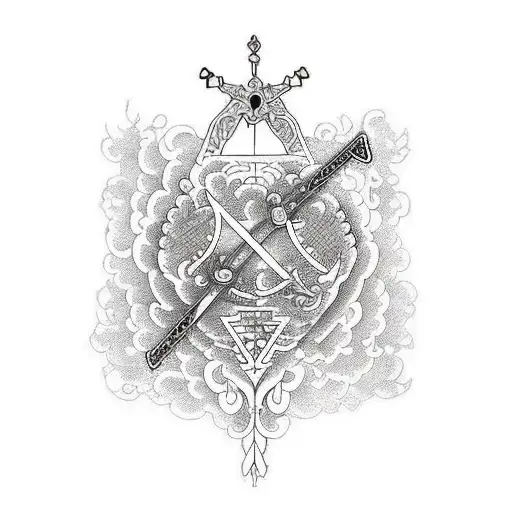 a crossed sword with a heart in the middle tattoo design idea