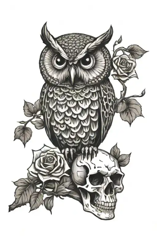 owl perched on skull tattoo design idea