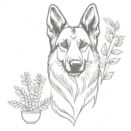 Female German shepherd with plants growing tattoo design idea