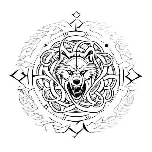 vegvisir Symbol with two roaring wolf Heads on each side of it tattoo design idea