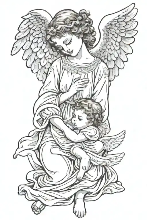 angel holding baby angel playing tattoo design idea